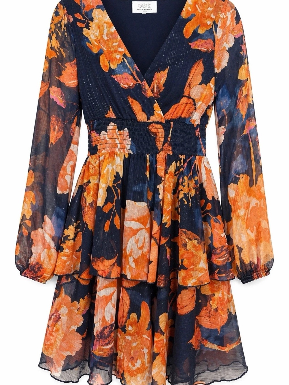 QUIZ Navy Orange Floral Dress Size 4 Sheer Sleeve Smocked Waist Tiered Mini